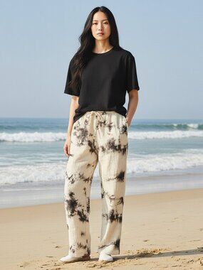 NEW Zara Relaxed Fit Relaxed Thigh/Leg Cream/Black Tie Dye Cotton Pants Small